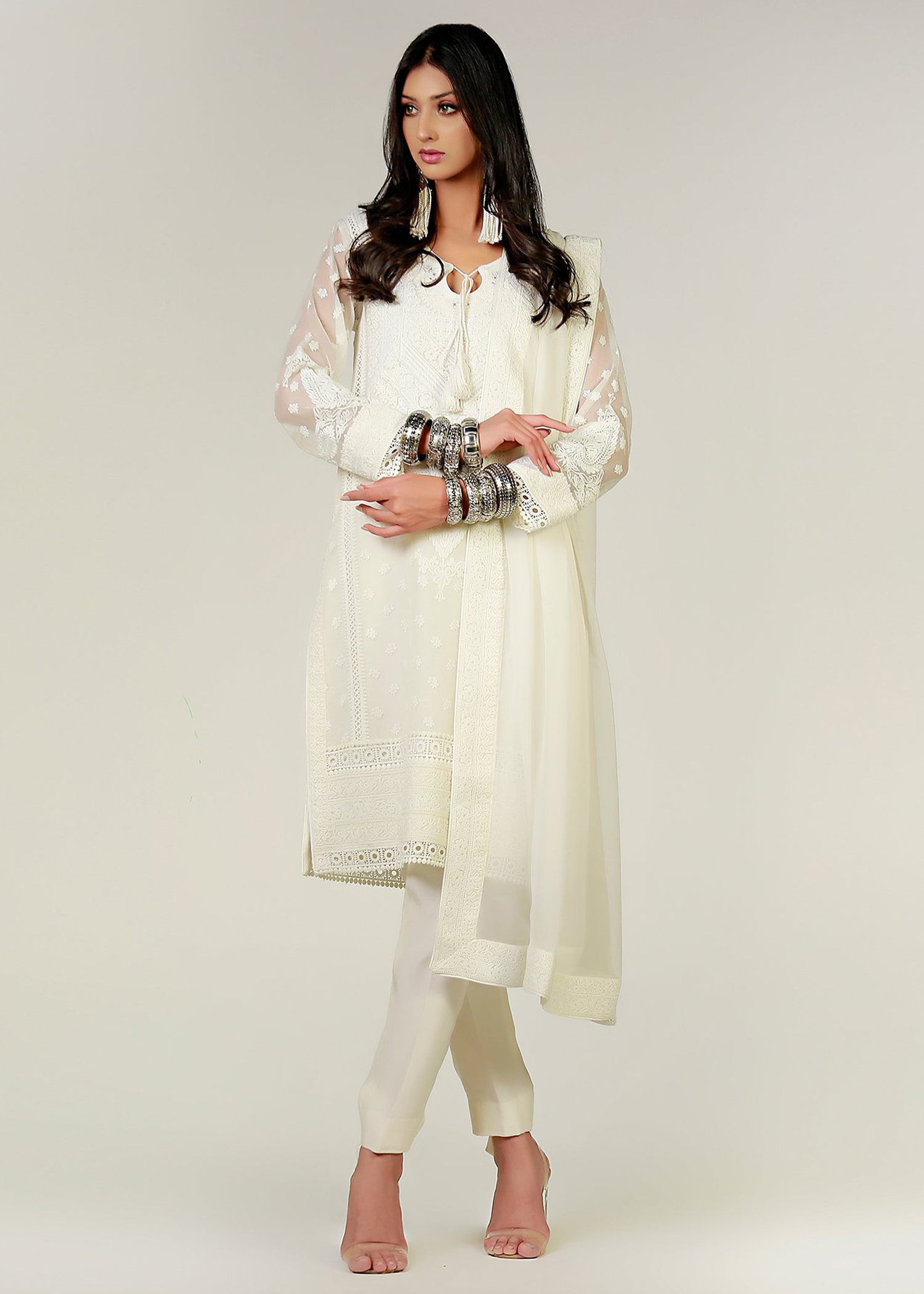 Buy ADA Hand Embroidered White Organza Lucknowi Chikankari Kurta With Slip  (Set of 2) A411302 online